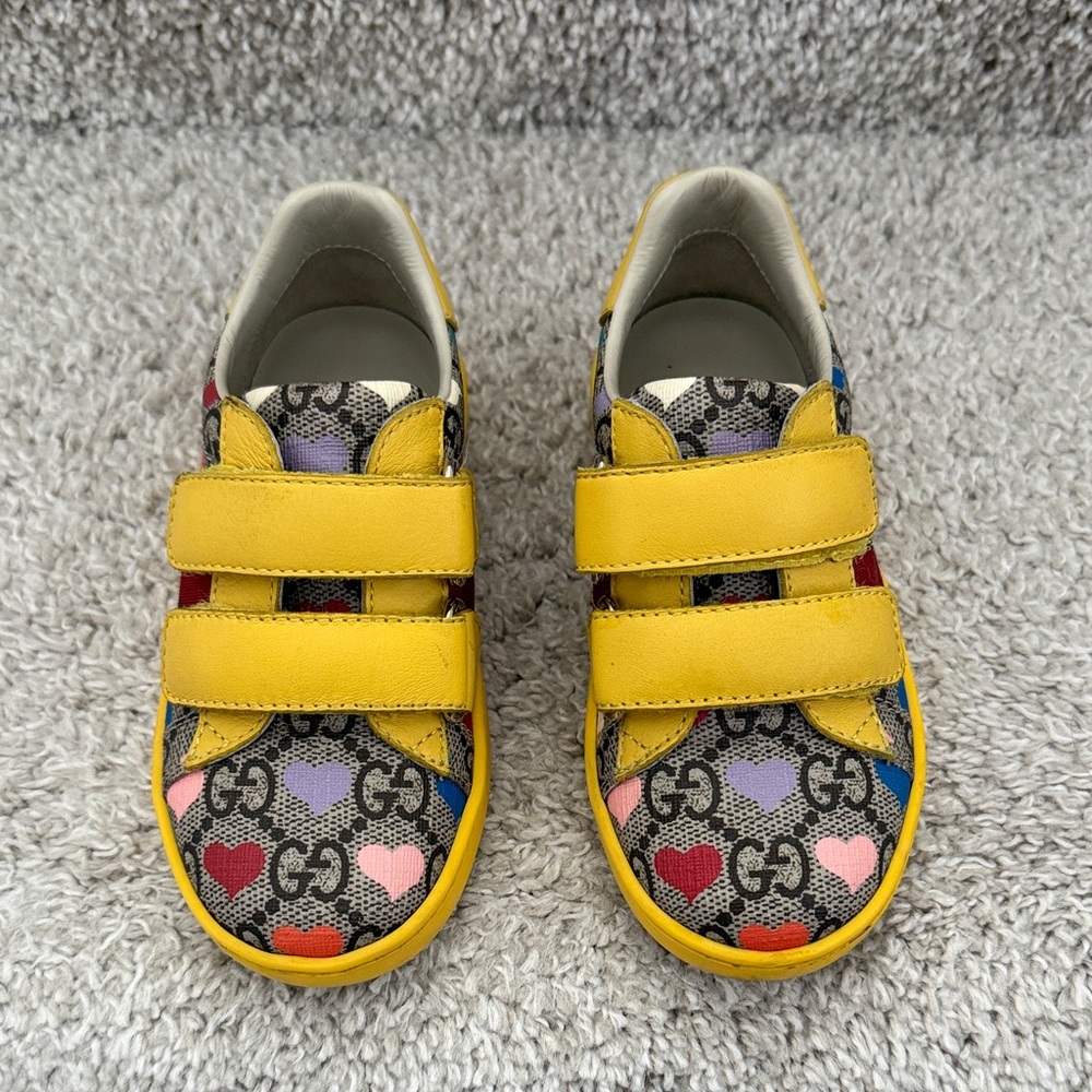 Gucci Kids Yellow Heart GG Canvas Velcro Sneakers - Picture 2 of 9